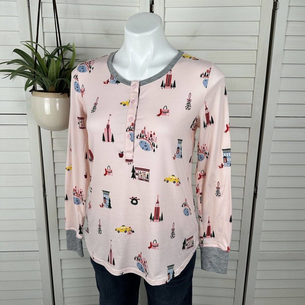 Kate Spade New York‎ Pink Christmas Pajama Top Button Henley Long Sleeve Size XS